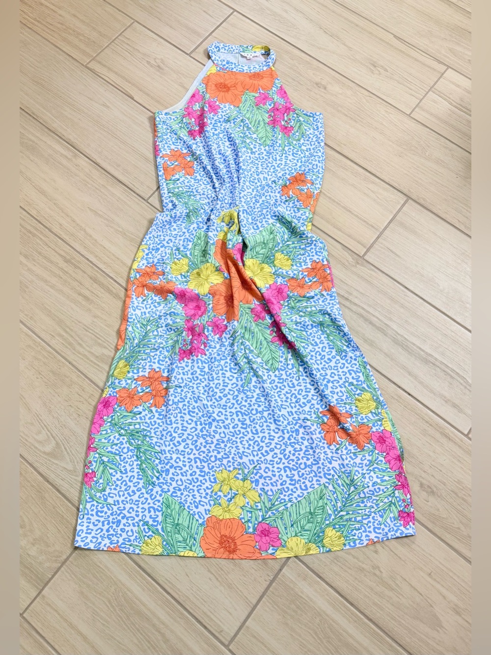THML Blue Leopard Tropical Floral Halter Maxi Dress Size Small Vacation Resort